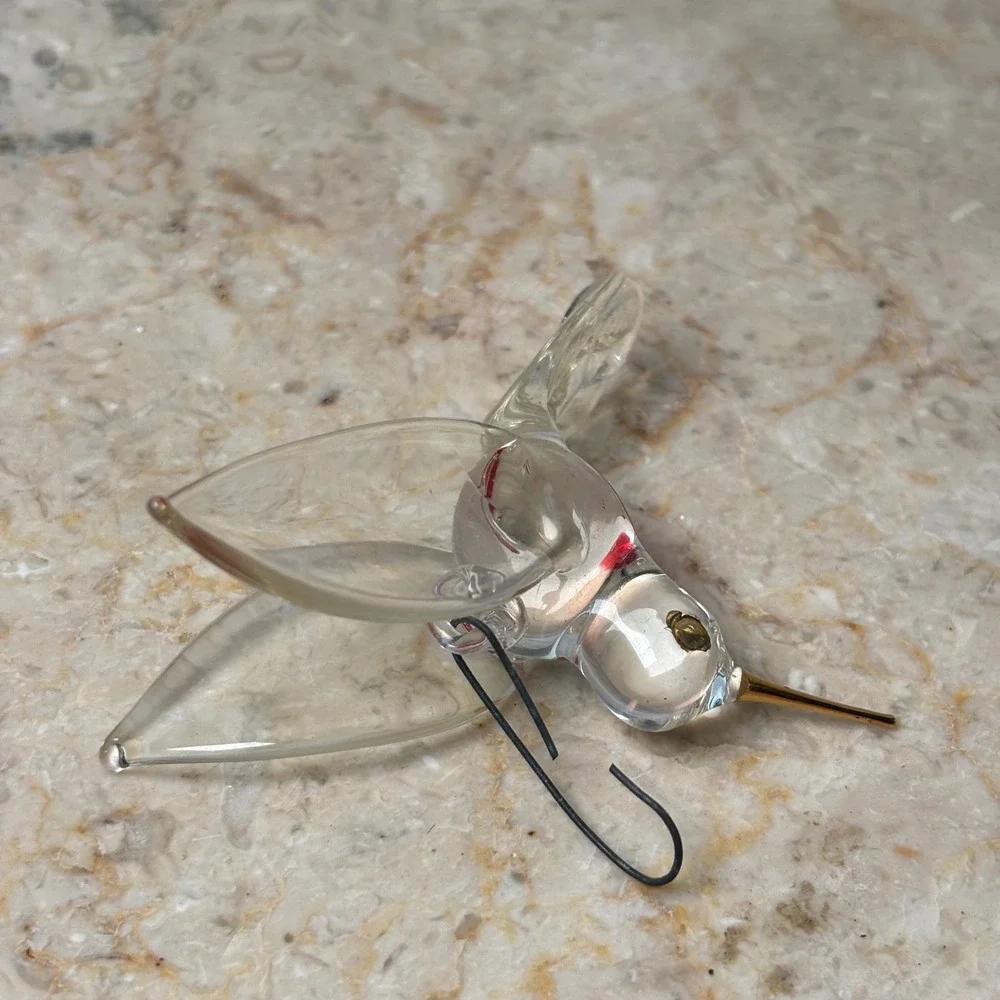 Hand‎ Blown Glass Hummingbird Ornament Clear Red Gold 3 Inch Art Glass